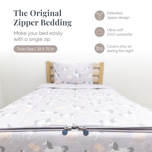 Image of Beddy's Fairytale Unicorn Durable Zipper Bedding for Kids - Bed in a Bag - Purple Sheets & Comforter with Unicorns - Includes Pillowcase and Sham - Easy to Make & Wash - Twin