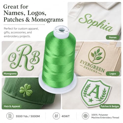 Image of Simthread 5500Yds Embroidery Thread, 5000M High-Yardage 40WT 100% Polyester Thread - 170+ Vivid Colors, High-Speed Rated - Compatible with Brother, Singer, Janome & More - Christmas Green S039 | 5000M 40WT polyester thread feeds smoothly for home or commercial embroidery projects.