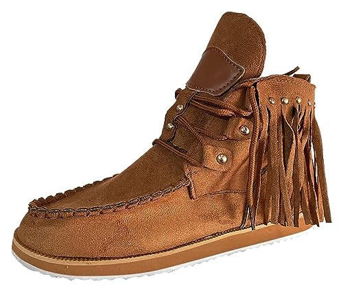 Cowboy Boots Women Stitched Round Toe Lace Up Tassel Cowgirl Boots Fashion Solid Color Flat Ankle Boots Hiking Shoes (Color : Brown, Size : 8.5)