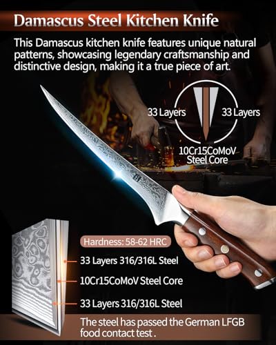 XINZUO Acciaio Damasco 18cm Coltello per Sfilettare da Cucina -Bordo Disossare Pesce e Carne -Professionale Coltello da Pesce da Filetto in Acciaio Damasco a 67 Strati -Manico in Legno di Rosa - immagine 3