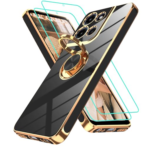 Gritup for Motorola Moto G 5G 2025 Case: Moto G Play 5G 2025 Case with 2Pcs Screen Protector,360° Rotation Ring Holder Magnetic Kickstand,Plating Gold Edge Soft TPU Protective Cover, Black