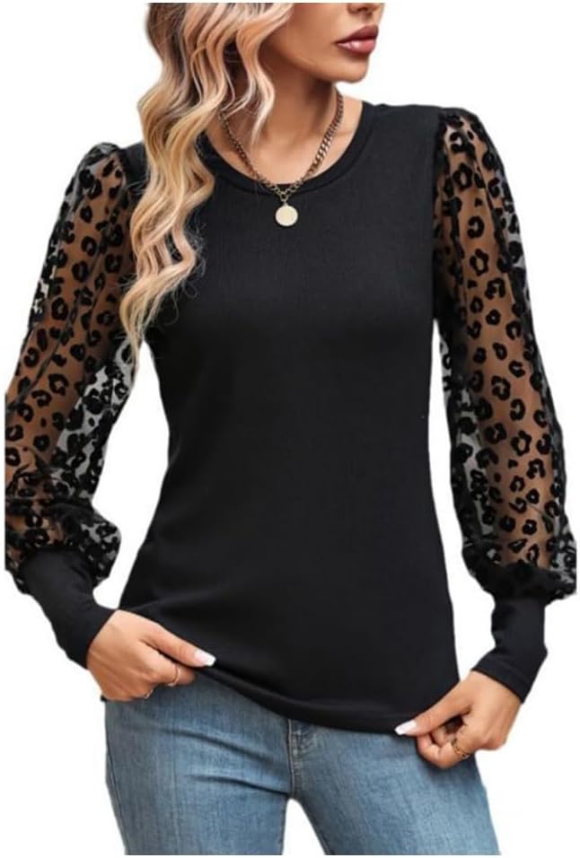 Womens XL Blouse Shirt Long Sleeve Crewneck Basic Casual Shirt Swiss Dot Mesh Sleeve Classic Slim Fit Shirt Tops