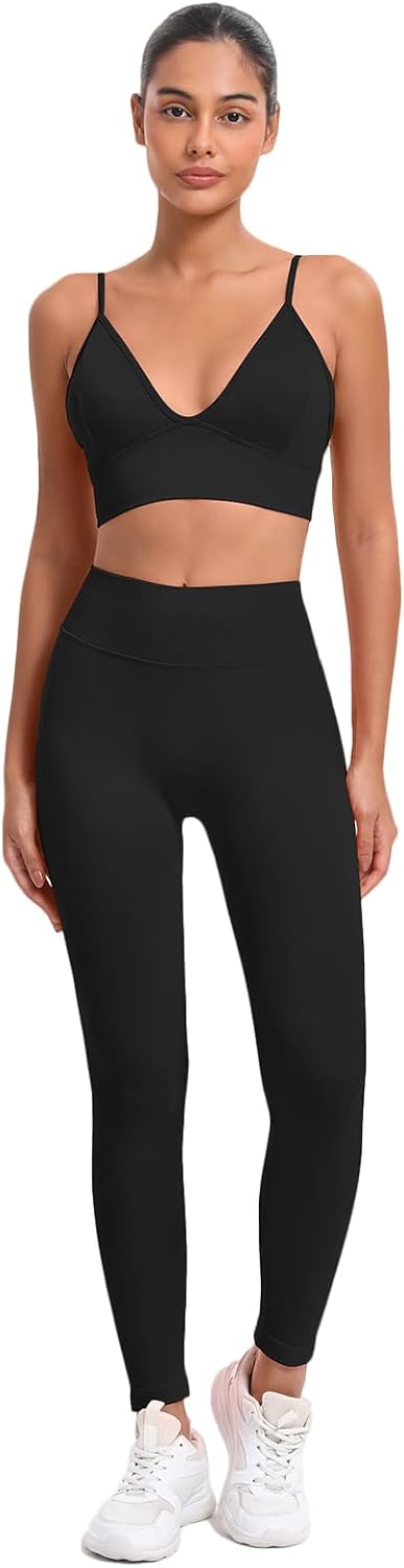 Women's 2 Piece Seamless Workout Sets High Waisted Scrunch Yoga Leggings & V-Neck Padded Sports Bra Gym Pilates Outfits