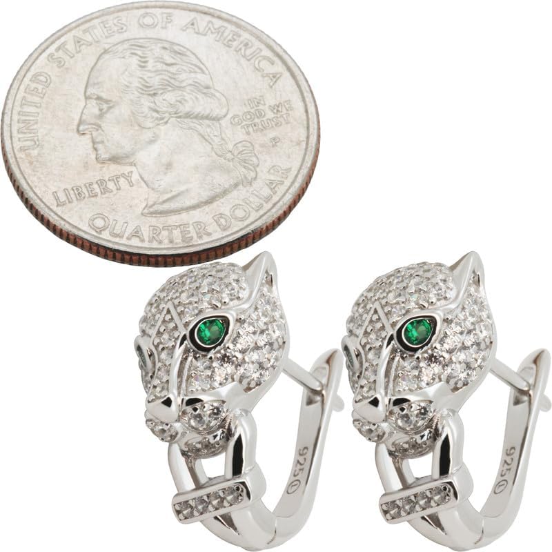 925 Sterling Silver 14k Gold Vermeil AAA Cubic Zirconia Panther Head Hoop Earrings