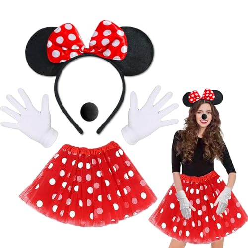 KEELYY Damen Maus Mouse Kostüm Rot Tutu Tüllrock mit weiß Gepunktet + Maus Ohren Haarreifen + Handschuhe + Nase, Faschingskostüme Damen für...
