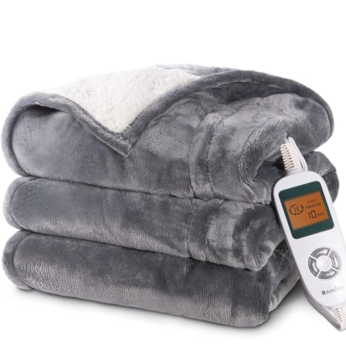 RAINOVA Heated Blanket, Electric Blanket-50''x60'', Soft Flannel Lamb Swool Heating Blanket, 10-Level Heating, 10-Hour Auto-Off, Gifts for Parents and Elders, Gray, ETL & FCC Certified