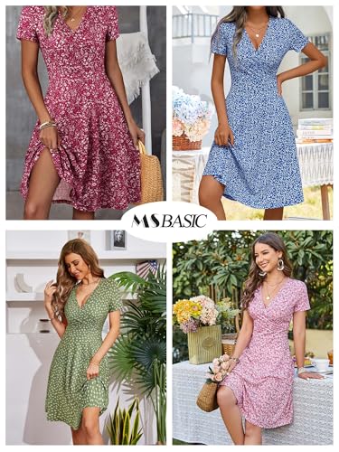 MSBASIC Womens Summer Wrap V Neck Casual Dresses Floral Short Sleeve A-Line Midi Sundress - Image 7