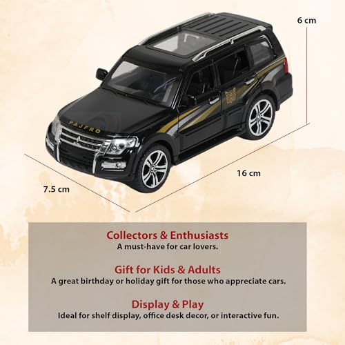Image of Alloy Metal Pull Back Die-cast Car 1:32 Various Models with Sound & Music, Toy Cars for Kids Durable and Fun Gift for Boys and Girls (Black Pajero)