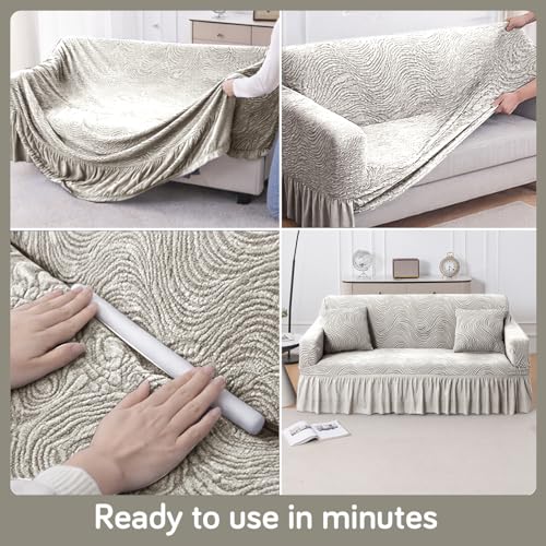 Image of HOKIPO 240 GSM Premium Jacquard Sofa Cover 3 Seater Fully Covered, 'Serene Wave Series' Vanilla Beige (AR-6354-CRM)
