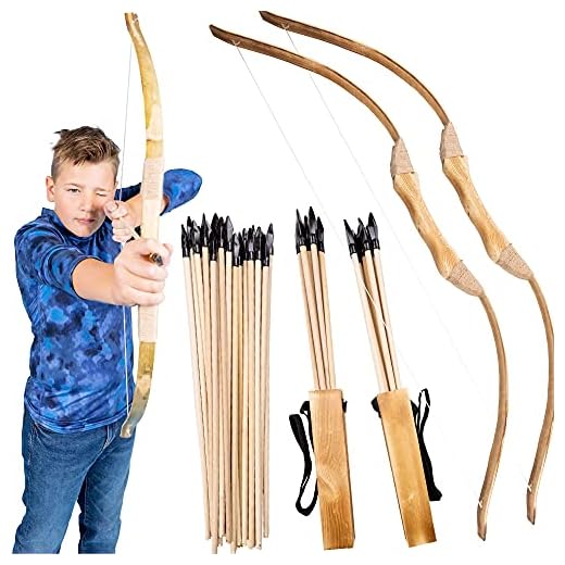 Island Genius Classic Wooden Bow and Arrow Archery Set Outdoor Games Toys and Gifts for Kids Boys and Girls - 2 Bows, 2 quivers and 20 Arrows