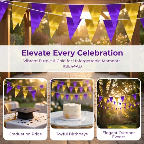 Image of 130FT Purple Gold Triangle Pennant Banner Flag Metallic Fabric Bunting Garland for Christmas Graduation Wedding Engagement Anniversary Bachelorette Birthday Bridal Shower Valentines Hen Party Supplies