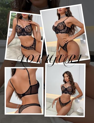 Sexy 2 Piece Lingerie for Women Underwire Eyelash Lace Mesh Matching Bra and Panty Sets Push Up Boned Bralette3