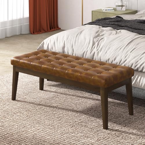 Befurtori End of Bed Bedroom Bench, Faux Leather Upholstered Tufted Bench for Bedroom End of Bed with Solid Wood Legs for Bedroom Living Room Entryway(Brown)