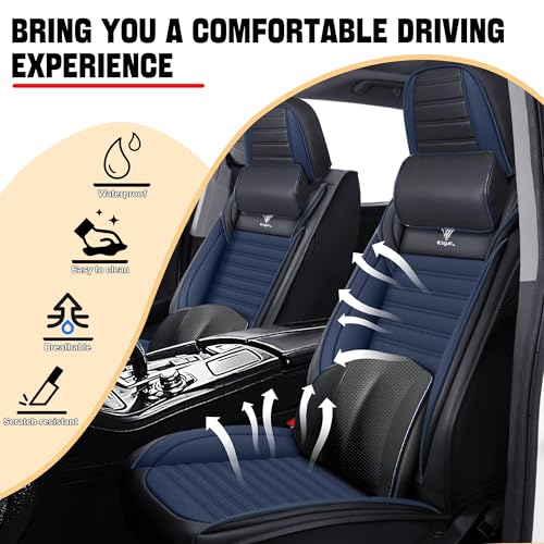 Image of Car Seat Cover for Chevy Equinox 2005-2026 Full Coverage Nappa Leather Car Seat Protector, Fashion Anti-Slip Waterproof Breathable Easy to Install, Auto Interior Accessories(Full Set,Black&Blue)