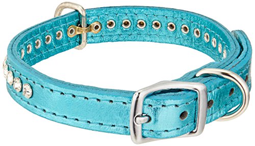 Image of Signature Leather Crystal Dog Collar, Metallic Turquoise Solid Grain Leather, Fits 9.5 inch-11.5 inch Neck Size, 14 inch Overall Length
