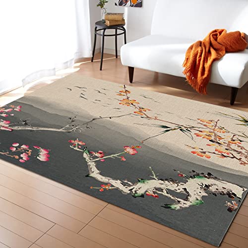 Ink Painting Area Rug For Bedroom Living Room- Spring Floral Plum Blossom Hand Painted Contemporary Floor Carpet Comfy Runner Rug Nursery Playmats Home Decor Mat, #TOP29