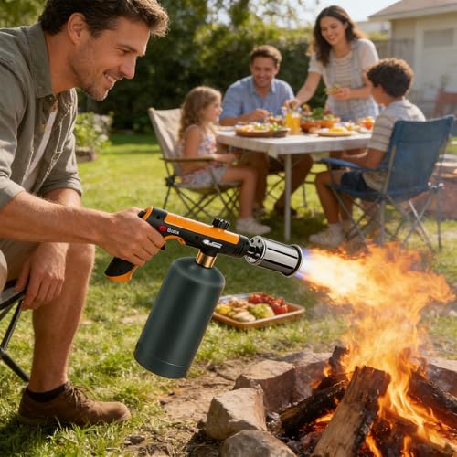 Image of Powerful Propane Torch Gun, Kitchen Torch With Adjustable Flame, Flamethrower Blow Torch for BBQ, Campfire, Searing Steak, Camping (Propane Tank Not Included) -Orange