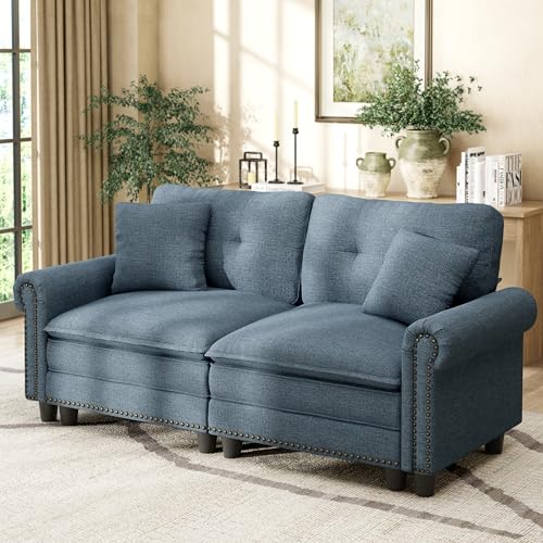Image of HERA'S HOUSE 73.2 inch Modular Loveseat Cloud Couch Deep Seats & Rolled Arms | Mid-Century Modern 2-Seater Loveseat, Cyan, Nailhead Trim, Wider & Deeper Seats, Soft Linen Sofa for Living Room Bedroom