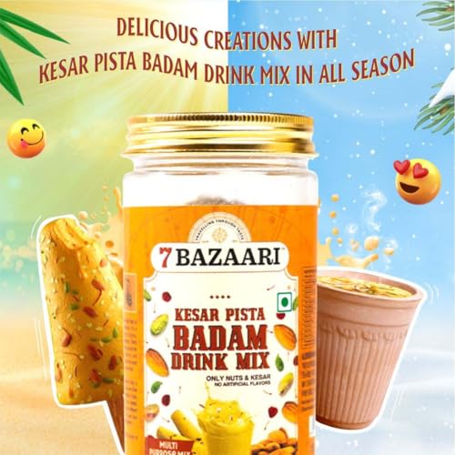 Image of 7 BAZAARI Kesar Pista Badam Milk Mix Powder 225g | Premium Badam Powder with Kesar, Pista & Spices | Ideal for Kids & Adults | No Artificial Flavours (Pack of 2)