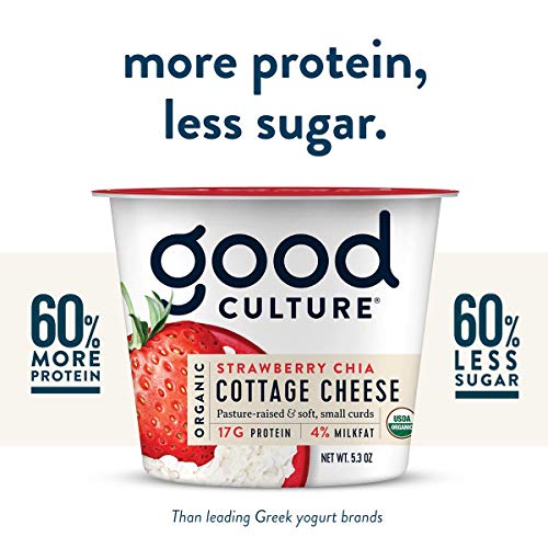 Good Culture Strawberry Chia Organic Cottage Cheese | Organic 4% Milkfat Cottage Cheese With 17g Protein | Live & Active Cultures for A Healthy Gut, 5.3oz Cups, Strawberry Chai, 5.3 Oz (Pack of 12)
