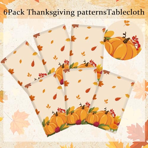 Image of 6 Pack Thanksgiving Tablecloth Plastic, Fall Table Cloths, Disposable Rectangle Pumpkin Maple Leaves Autumn Tablecloth Decor Table Cover for Autumn Fall Thanksgiving Home Party Decorations, 54 inchx108 inch