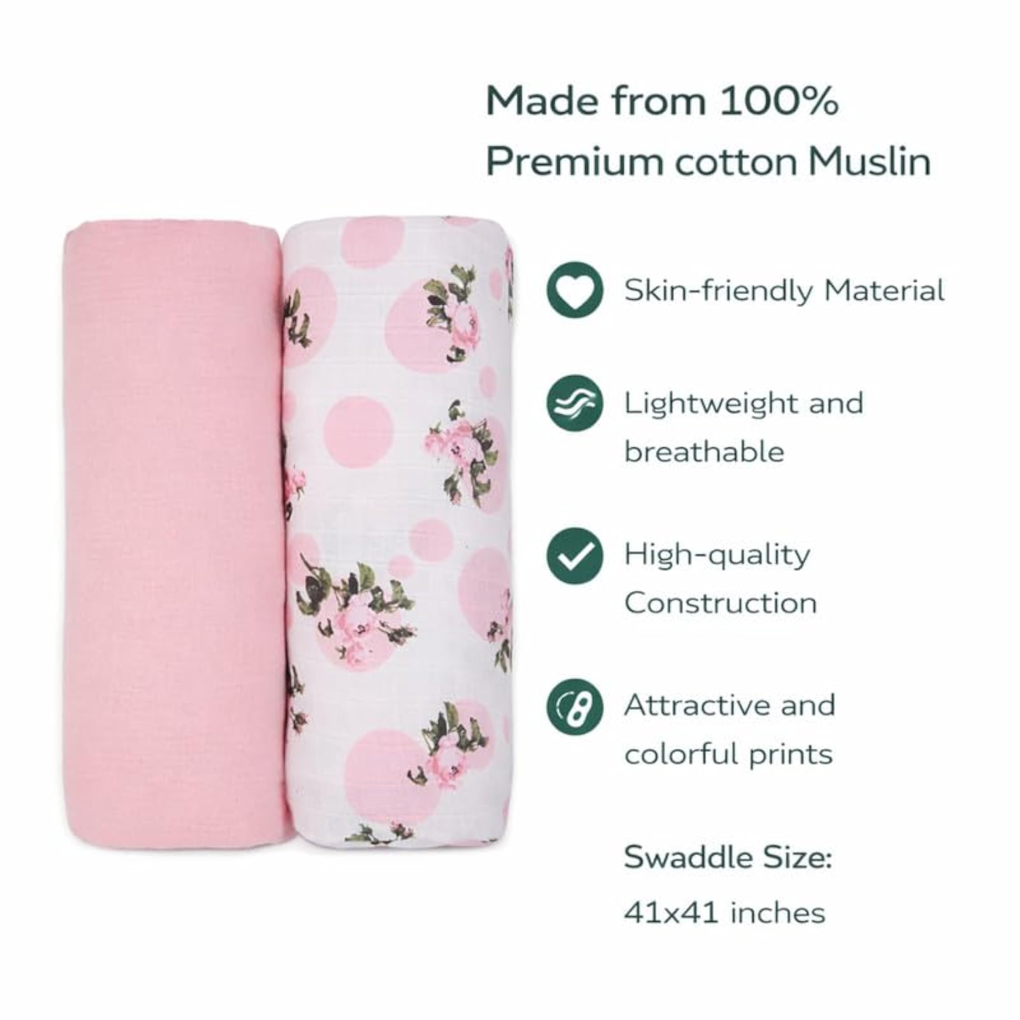 Muslin Swaddle Blanket Set (2 Pack) - Tea Rose Print & Parfait Pink