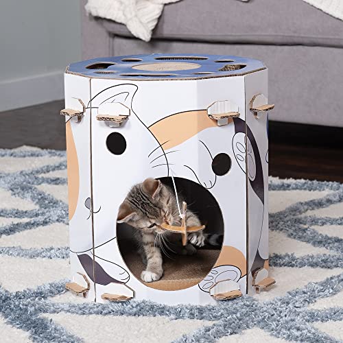 Image of Furhaven Pet Furniture for Cats and Kittens - Tiger Tough Busy Kitty Hideaway Cat Scratcher Playhouse with Puzzle Box, Toys, and Catnip, Cat Print, One Size