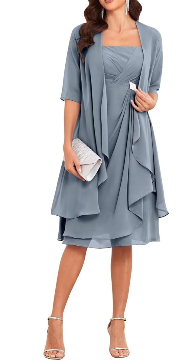 Yiann Women's Powder Blue Dusty Blue Chiffon 2 Pieces Mother Of The Bride Dresses With Sleeves Jacket Short Mother Of Groom Dresses For Uk18