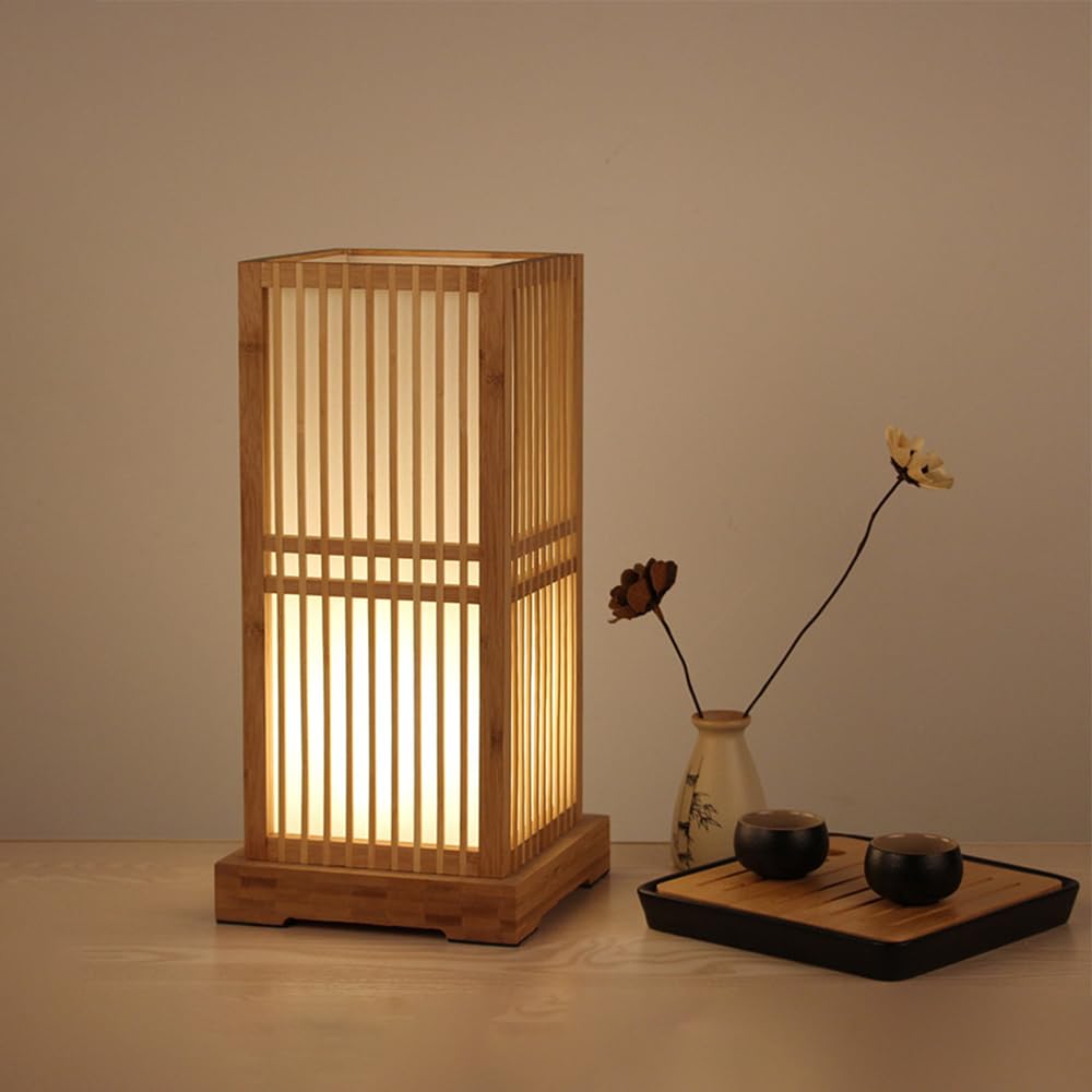 Jadssox Tischlampen aus Bambus, quadratisch, Nachttischlampe, Bauernhaus, Schreibtischlampe, Nachtlicht, Tisch-Nachttischlampen im japanischen Stil, Akzentlampe für Schlafzimmer, Teestube, Café, Büche