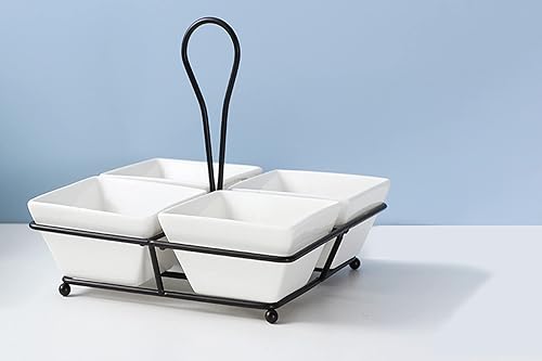Miniatura 4 de Q UTILÉ Juego de servir de cerámica con estante de metal  4 cuencos blancos extraíbles para fiestas de entretenimiento  Plato dividido para