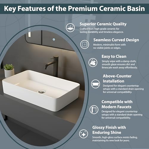 Image of WASSMIST Premium Wash Basin | Designer Ceramic Washbasin | Acid & Fade Resistant Table Top Bathroom Sink (24.61x15.35x4.33 Inch)