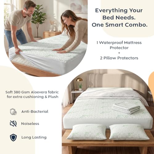 Image of AYKA Combo Pack Waterproof Mattress Protector & 2 Pillow Protectors | Queen 78x60 Inch | 100% Waterproof Aloevera Bed Protector | Breathable, Noiseless Mattress & Pillow Covers | White