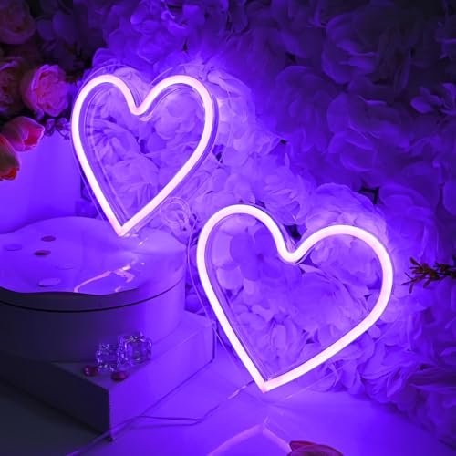 Image of Britrio Purple Heart Neon Sign Battery or USB Powered 2 Pcs LED Neon Heart Light for Mom Valentines Wedding Proposal Anniversary Wall Decoration Night Light for Girl Room Classroom Dorm Bedroom Decor