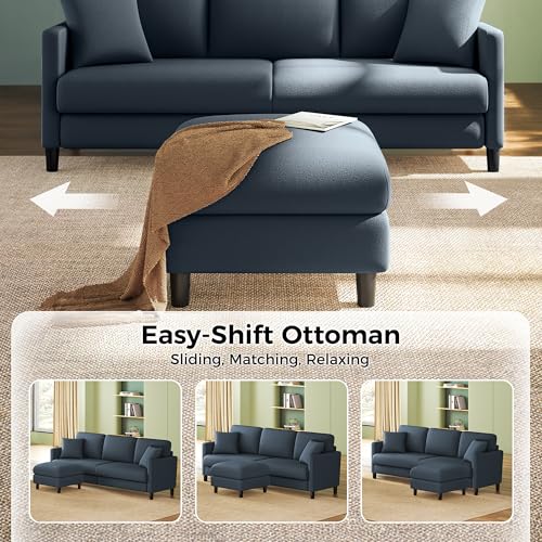 Image of Welzona 83 inch Couches for Living Room, Teddy Sofa Couch with Storage Ottoman, L Shaped Couch with Movable Ottoman, Tool-Free Modular Sectional Sofa, All-Wood Sofas for Living Room 2 Pillows, Blue Grey