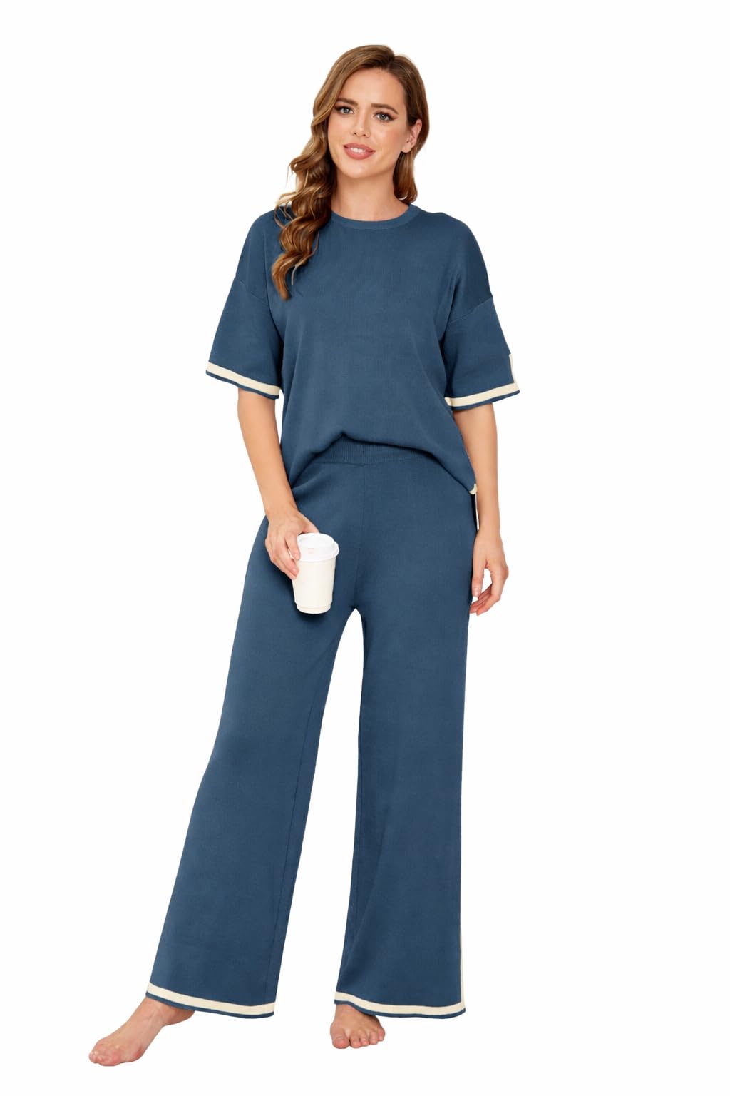 Co-ord Set for Women | Summer Dress for Woman with Half Sleeve Top & Wide Leg Pants | Stripe Pattern Trendy Casual Travel Outfit with Soft Stretch Lounge Wear - 2 Pcs-picture-31