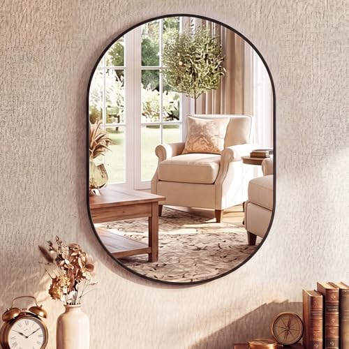 Image of Sweetcrispy 20 inch x 30 inch Black Bathroom Mirror for Wall, Oval Wall Mirror with Metal Frame, Tempered Glass, Modern Vanity Mirror for Over Sink, Living Room, Bedroom, Entryway, Horizontal or Vertical