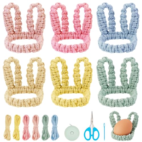 WEBEEDY 6 Set Easter Egg Holder Macrame Kit DIY Egg Display Cup Stand Cute Easter Egg Ears Crochet Ornament Crafts Kit for Adults Beginners Apartment Garden Door Room Decor, Video Instruction Included