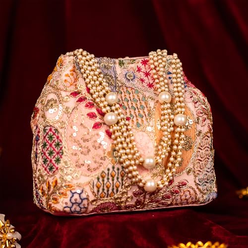 Image of Opulent Pearl Potli Bag, Bridal Wedding Handbag, Designer Beaded Clutch for Women, Festive Ethnic Purse