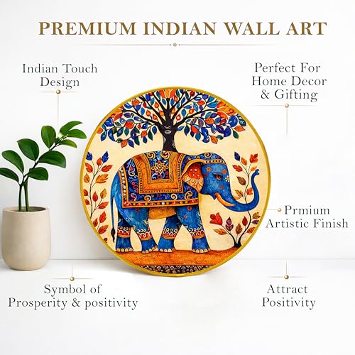 Image of Decorative Elephant Round Framed Wall Art Painting For Living Room | Traditional Floral Vastu Elephant Wall Art Painting with Frame for Home, Bedroom & Office, 16 Inch