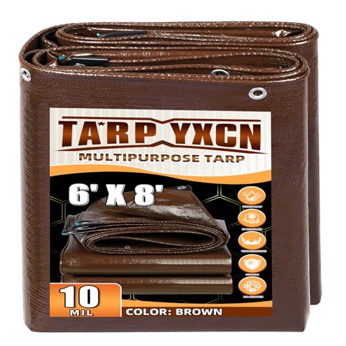 Brown Tarp 6x8 Feet 10 Mil Thick Waterproof Poly Tarps Cover UV Resistant Rip & Tear Proof with Metal Grommets Every 20 Inches