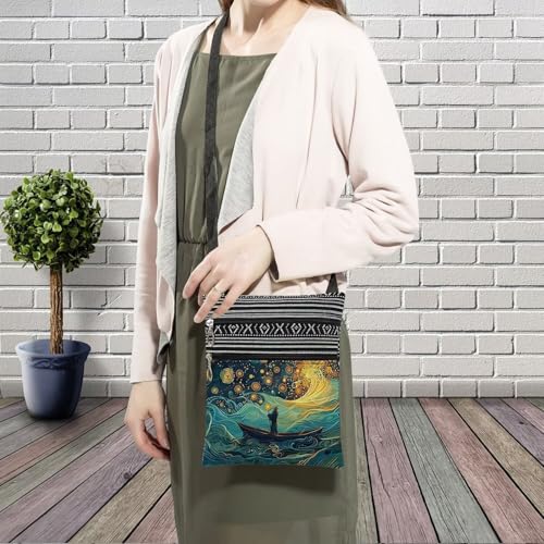 Night Ship Messenger Bag Small Ethnic Pattern Printed Adjustable Strap Crossbody Zipper Bag Night Ship Phone Bag Wallet Cute Shoulder Handbag for Women -13