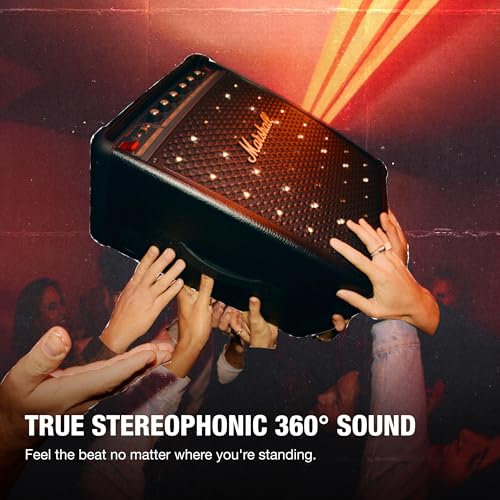 Image of Marshall Bromley 450 Portable Party Speaker - Loud 360 Sound with Bass EQ Controls | 40+ Hours Playtime | Bluetooth, 3.5 mm AUX, RCA, Microphone, Instrument Inputs | LED Lights - Black and Brass