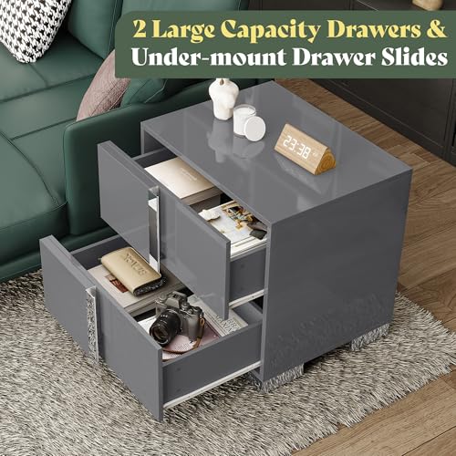 Image of AMERLIFE Nightstand, 23.6'' Modern End Table with Drawers, High Gloss UV Finish, Electroplated Pull Handle, Bedside Table for Bedroom, Grey