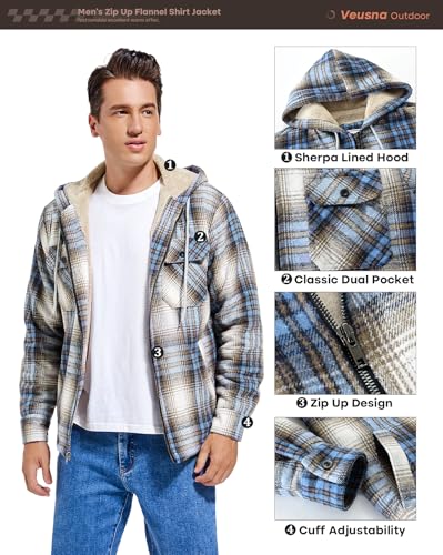 Men's Zip Up Flannel Shirt Jacket Fleece Lined Long Sleeve Plaid Coat Heavyweight Hoodie with Hood4