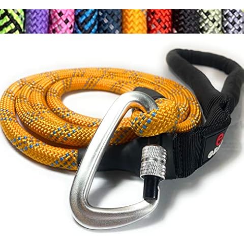 Enthusiast Gear Rope Dog Leash with Locking Carabiner for Large and Medium Breeds | Sturdy and Durable with Reflective Braiding and Comfortable Padded Grip (6' Foot) - Orange Cover