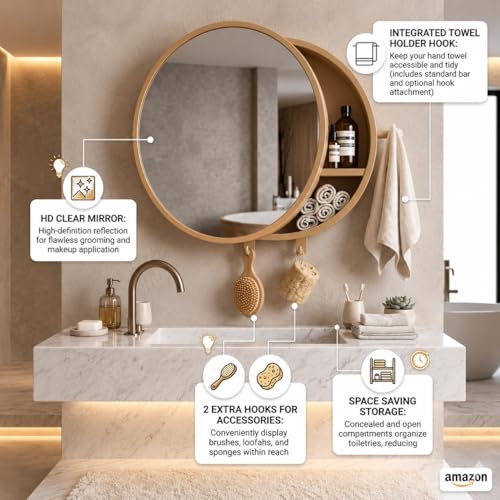 Image of CIPLA PLAST Rich Look Bathroom Cabinet with Mirror | Storage Organiser | Strong Plastic Bathroom Shelves Wall Mounted | Bathroom Accessories| Mirror Cabinet (2, Champagne Gold, Round)