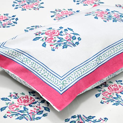 Image of DE CAMA Since 1997 | 100% Cotton 300 TC Premium King Size Bedsheet for Double Bed (90 x 108 Inch) with 2 Pillow Covers Set (17 x 27 Inch) Hand Block Printed Bedsheet Set - Pink