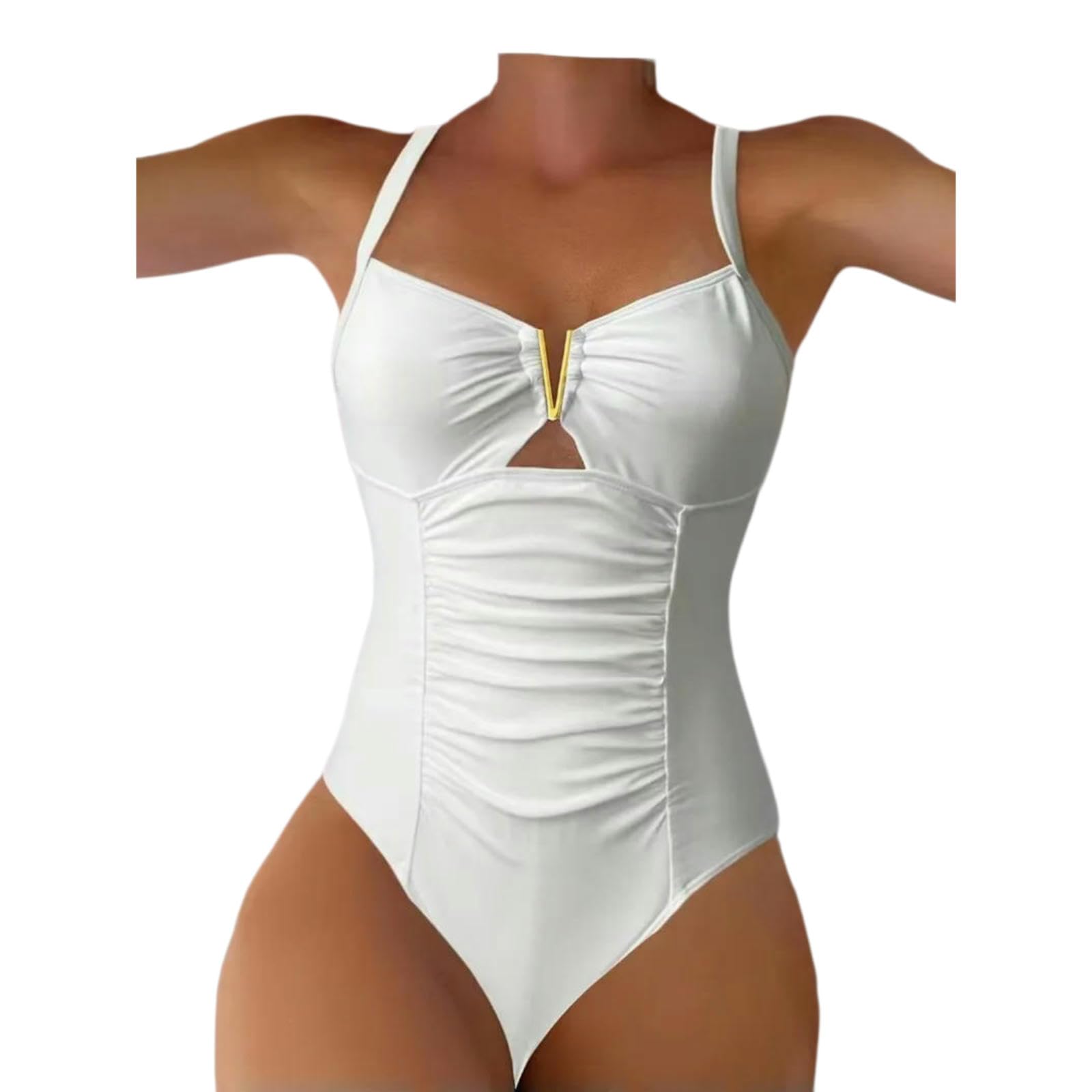 Maillot de bain jaune néon une pièce froncé col v gainant à découpe ventrale