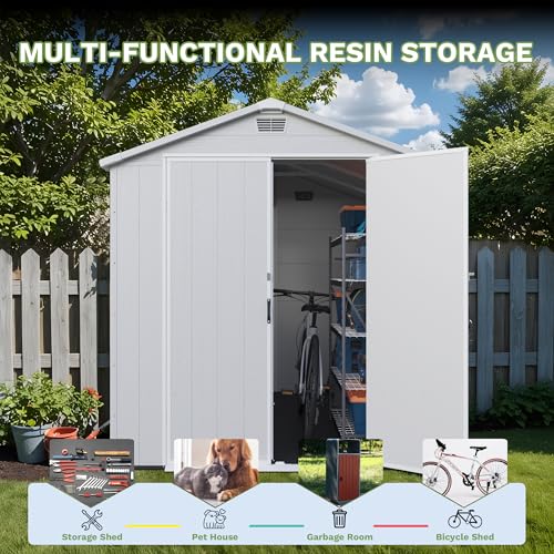 Image of Greesum 6x8FT Plastic Outdoor Storage Shed with Floor, Resin Sheds with Lockable Double Door, Tool Sheds with Window and Vents, for Garden, Patio, Backyard, Light Gray