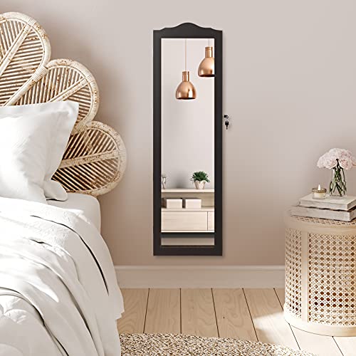 Marble Field Jewelry Cabinet Lockable Wall Door Mounted Hanging Jewelry Armoire Organizer With Full Length Mirror 2 Drawers,Black #TOP1